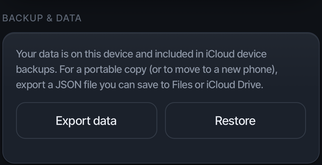 The Backup and Data card with Export data and Restore