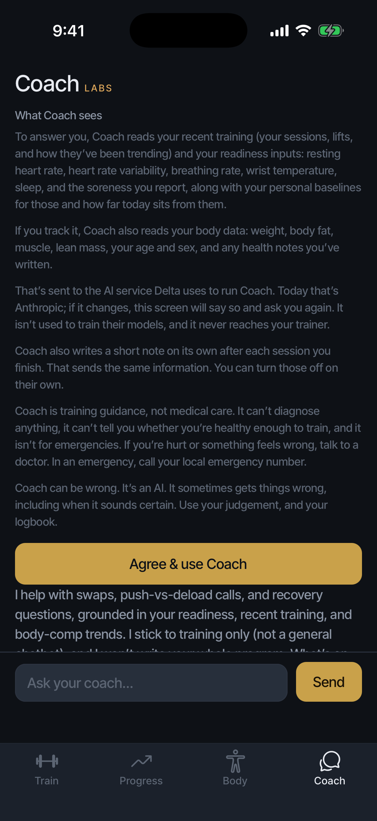 The Coach disclosure: what Coach reads, where it is sent, and the Agree gate