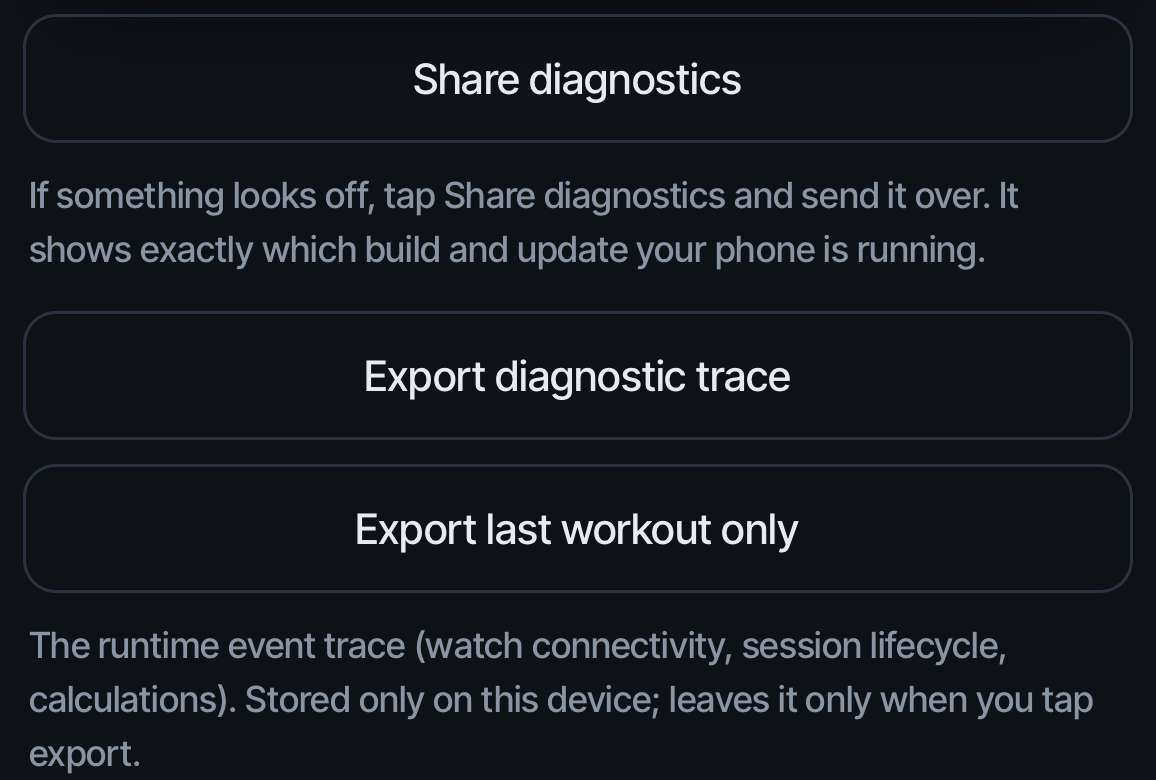 With Labs on: Export diagnostic trace and Export last workout only below Share diagnostics