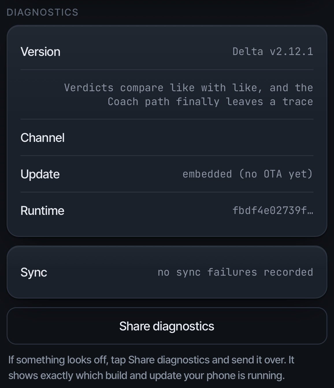 The Diagnostics card: version, channel, update, runtime, sync, and Share diagnostics