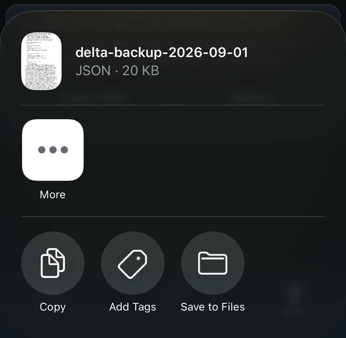 The export on the share sheet: delta-backup JSON, around 20 KB from a clean install