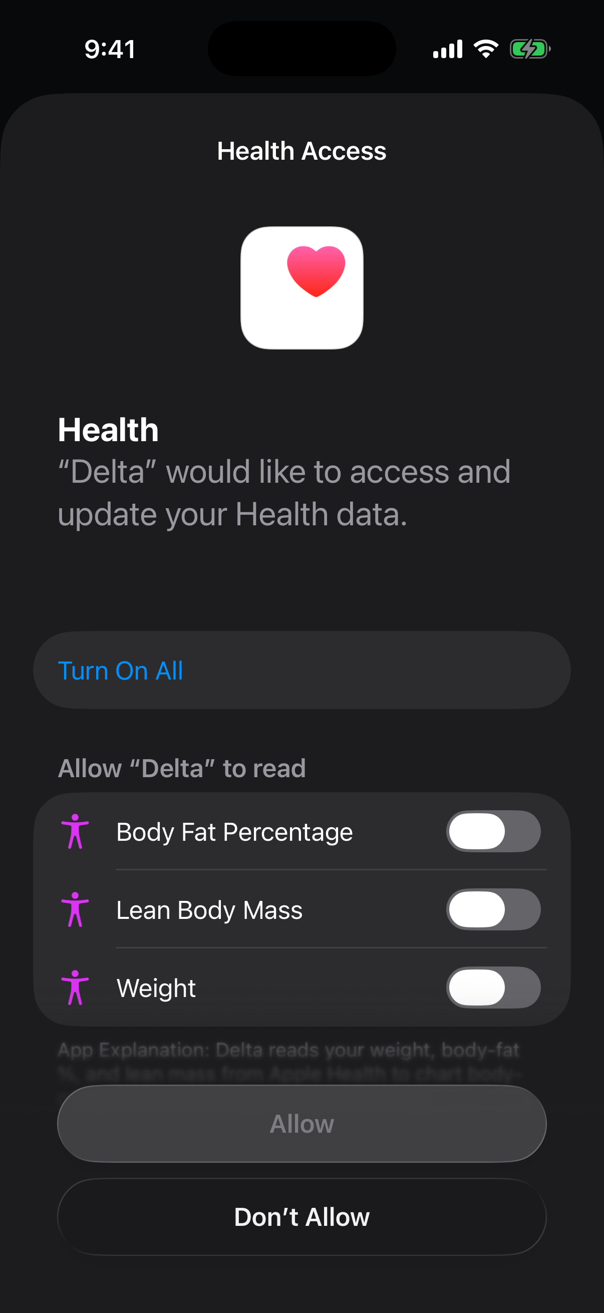 Apple’s Health read-permission sheet listing Body Fat Percentage, Lean Body Mass, and Weight