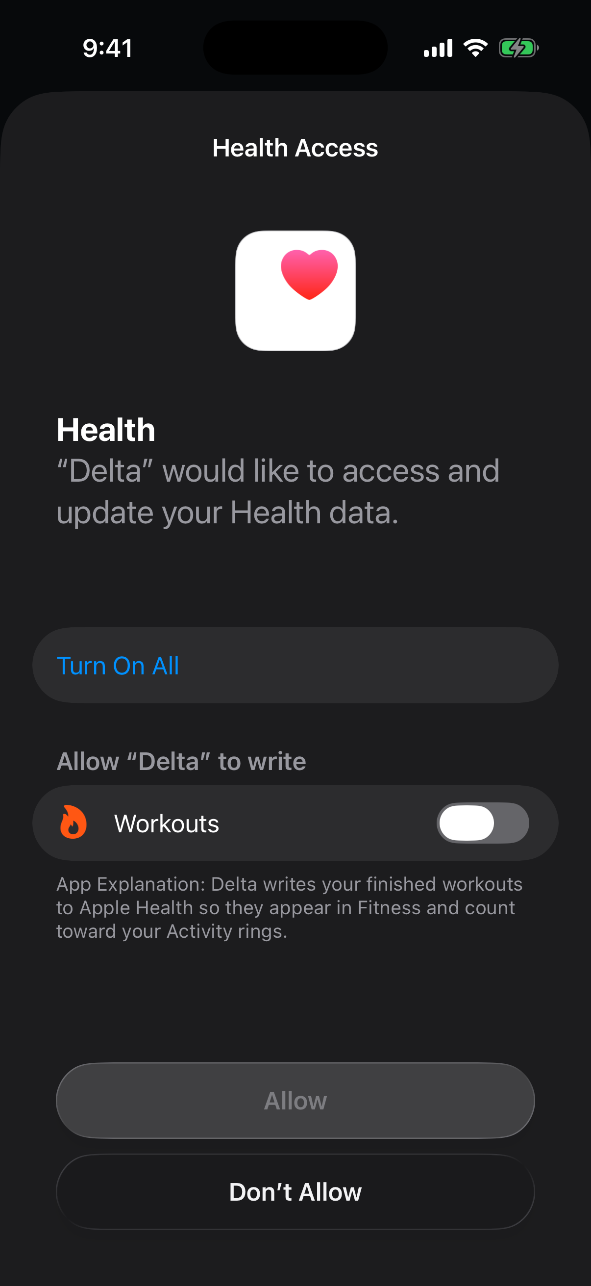 Apple’s second sheet asking to write Workouts, shown when you first open a session