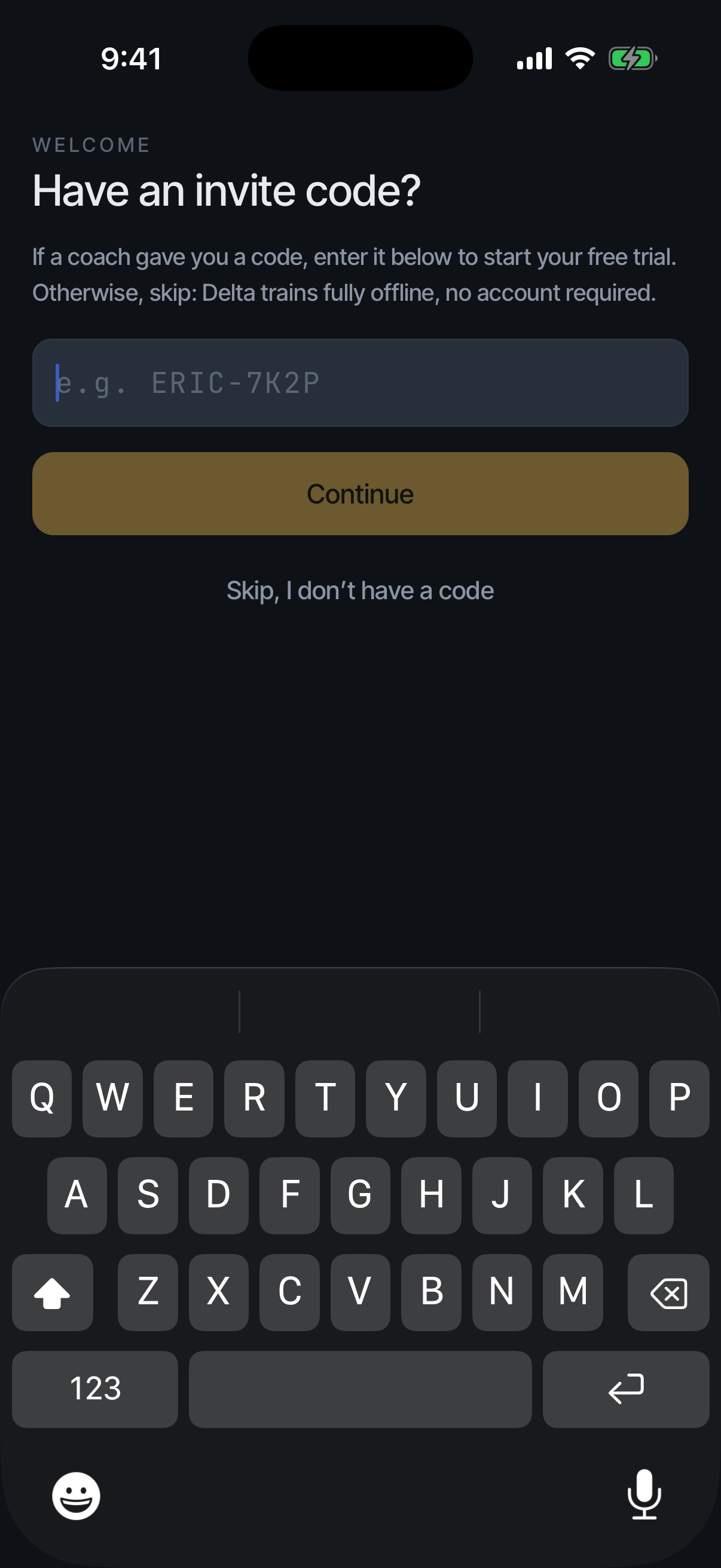 First launch: the single invite-code screen with Skip, I don’t have a code