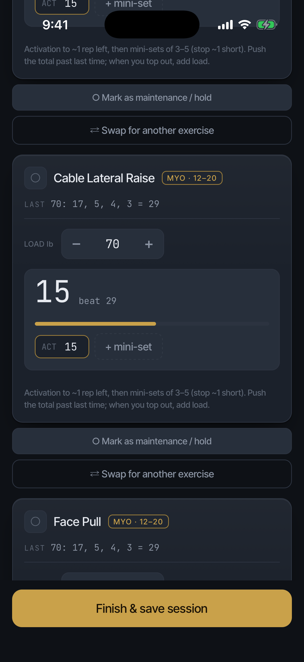 A myo-rep card mid-session: last time’s total to beat, the load stepper, activation count and mini-sets