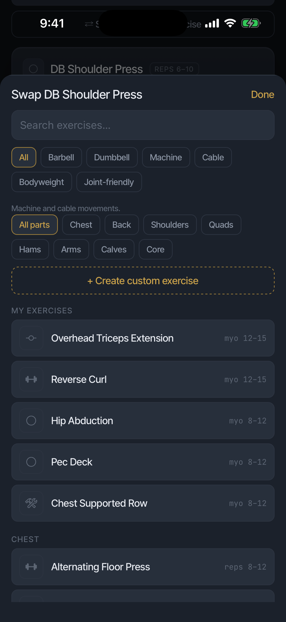 The exercise picker: equipment and body-part filters, the joint-friendly filter with its machine-and-cable note, and My exercises