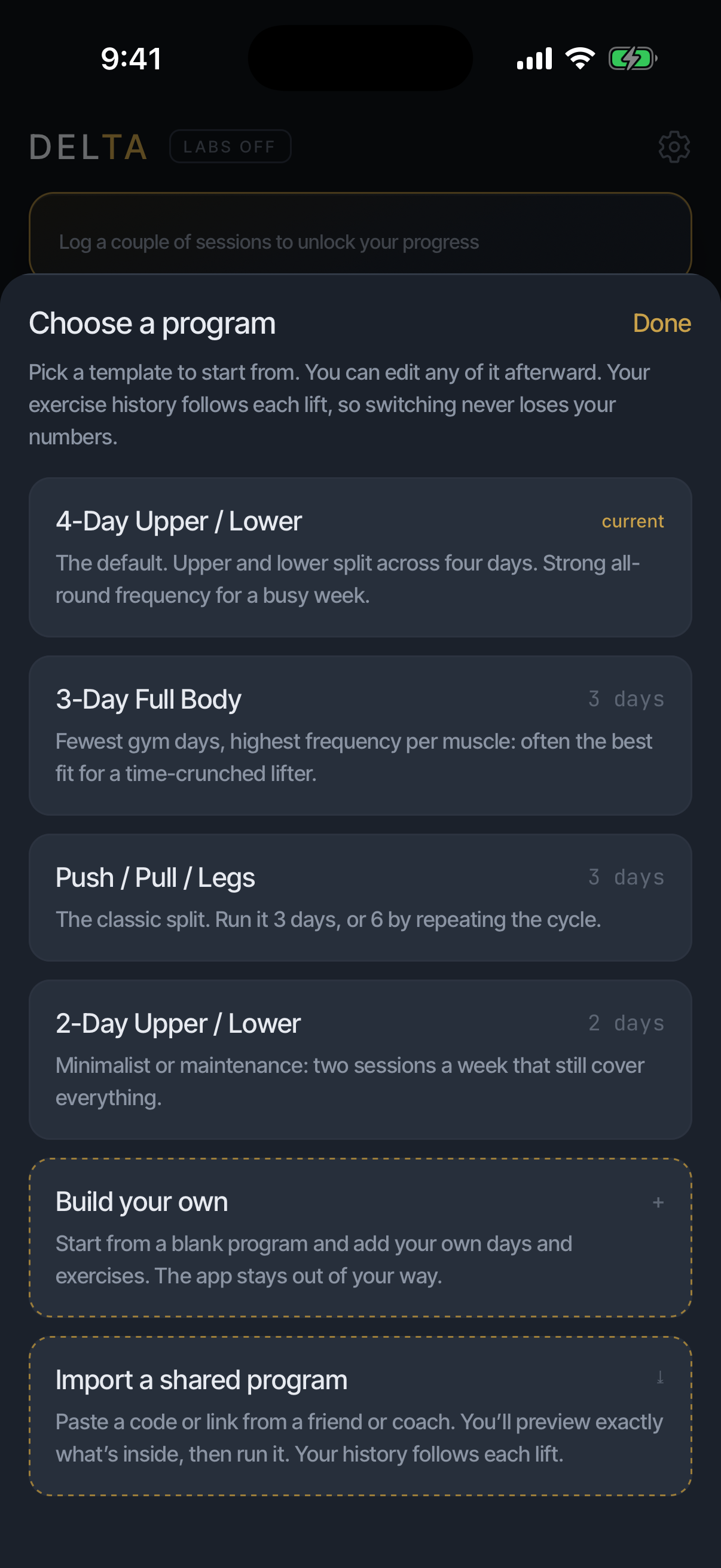 The program picker with the four templates and Build your own