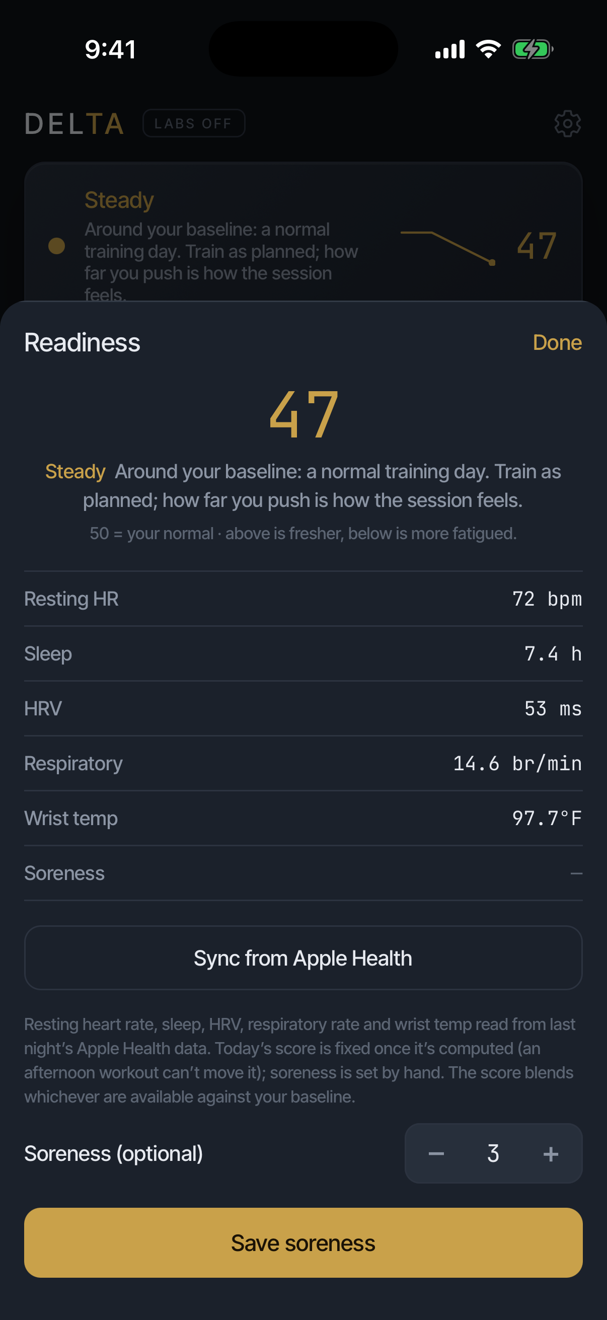 The readiness sheet: 47, Steady, with all five signals and soreness listed against your baseline