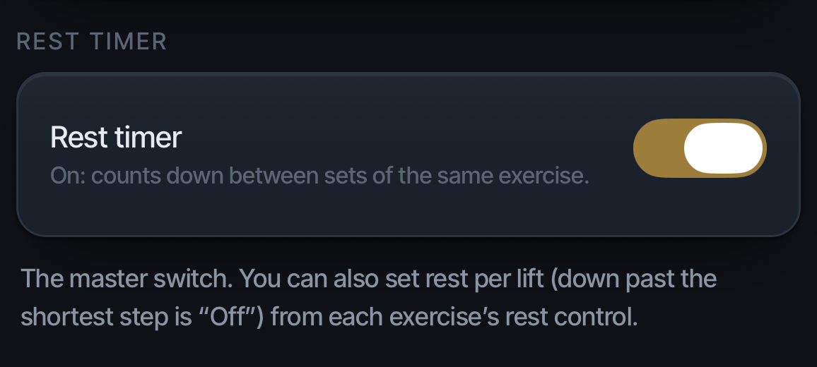 The Rest timer master switch in Settings, with the per-lift note
