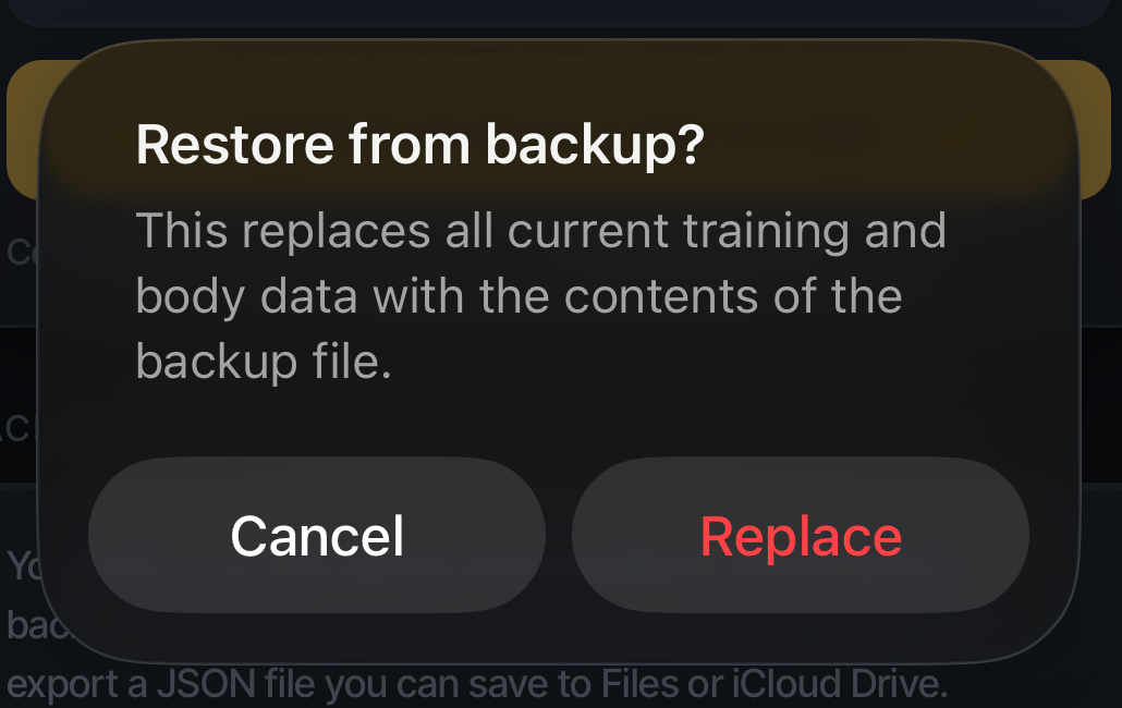 The restore warning: this replaces all current training and body data