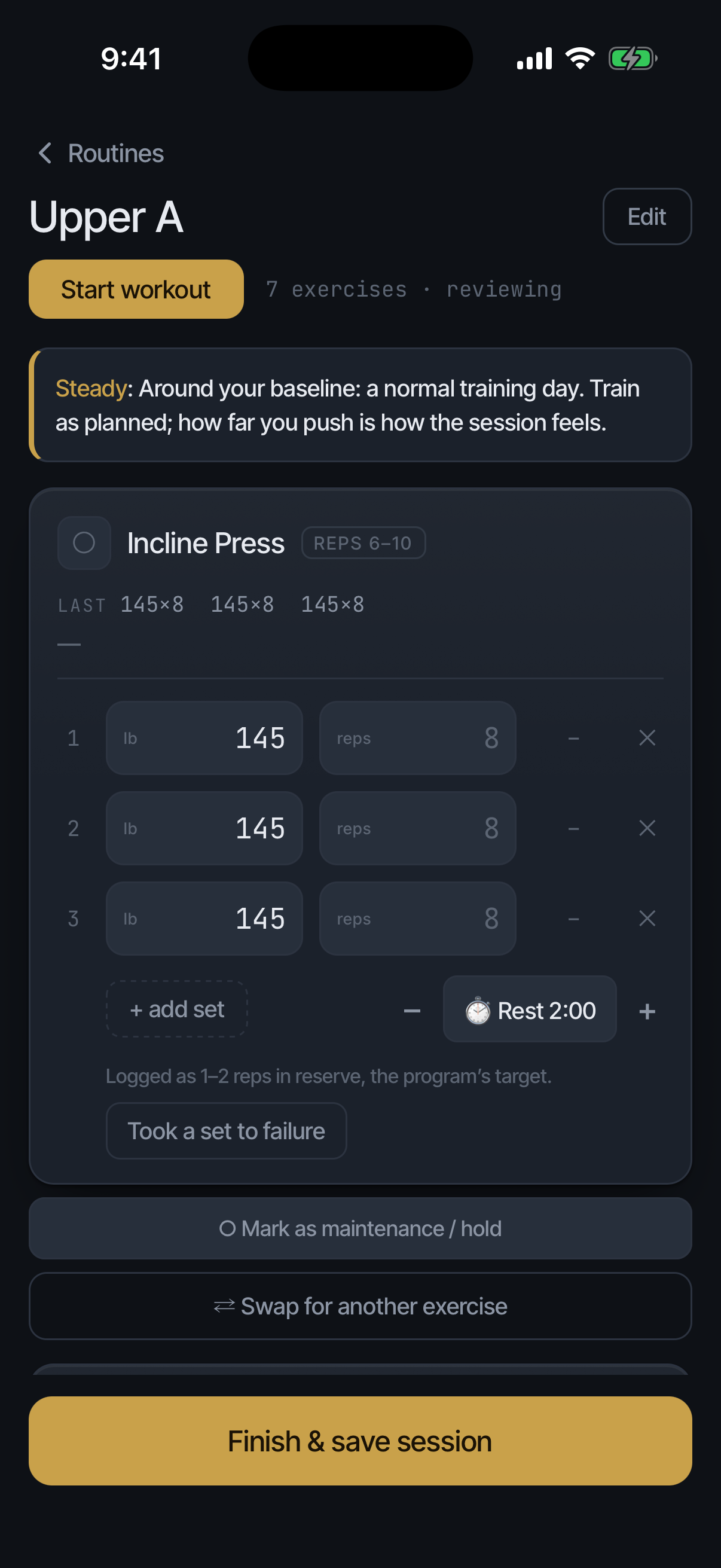 A session with history: the readiness band, LAST lines set by set, and prefilled targets