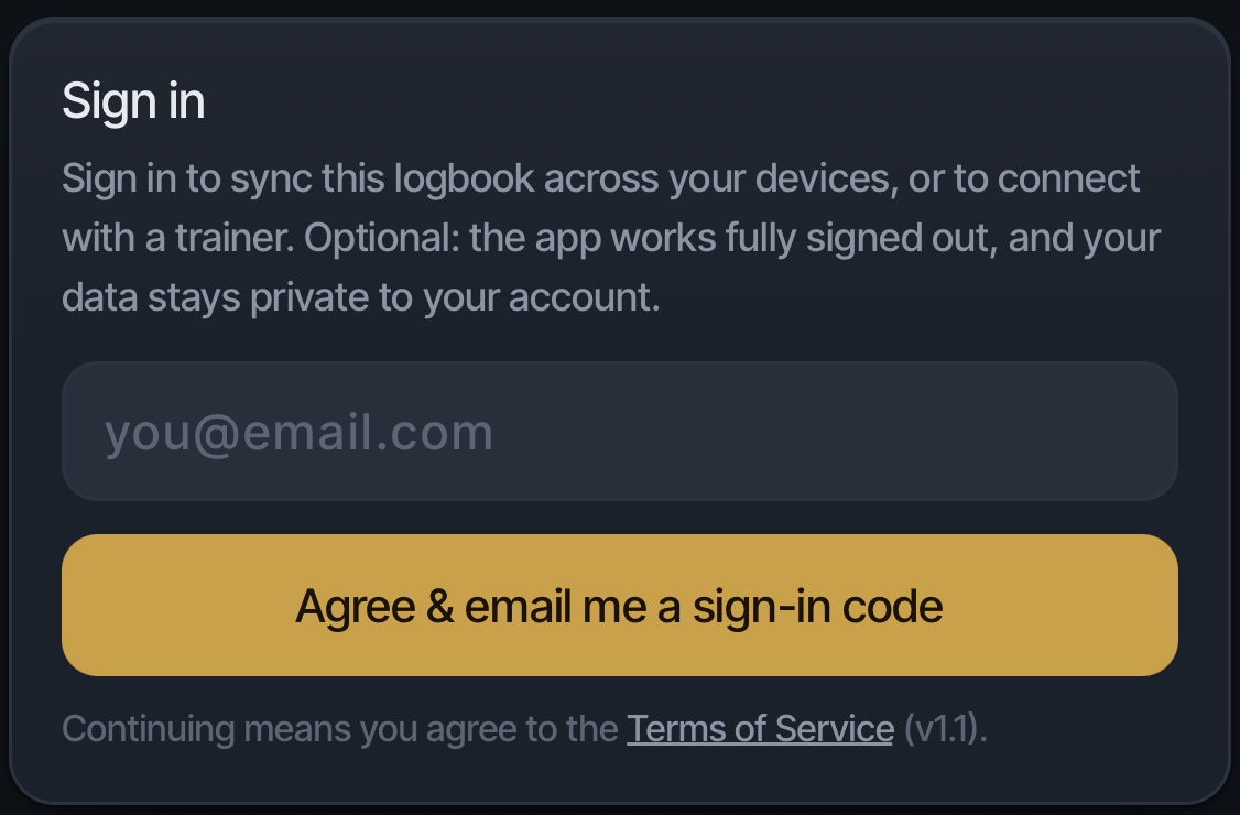 The optional sign-in card in Settings: email address, then Agree and email me a sign-in code